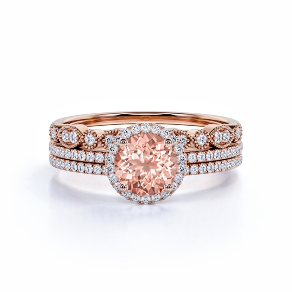 1.5 carat Round Cut morganite Bridal Trio Set - 18k Rose Gold Over Silver